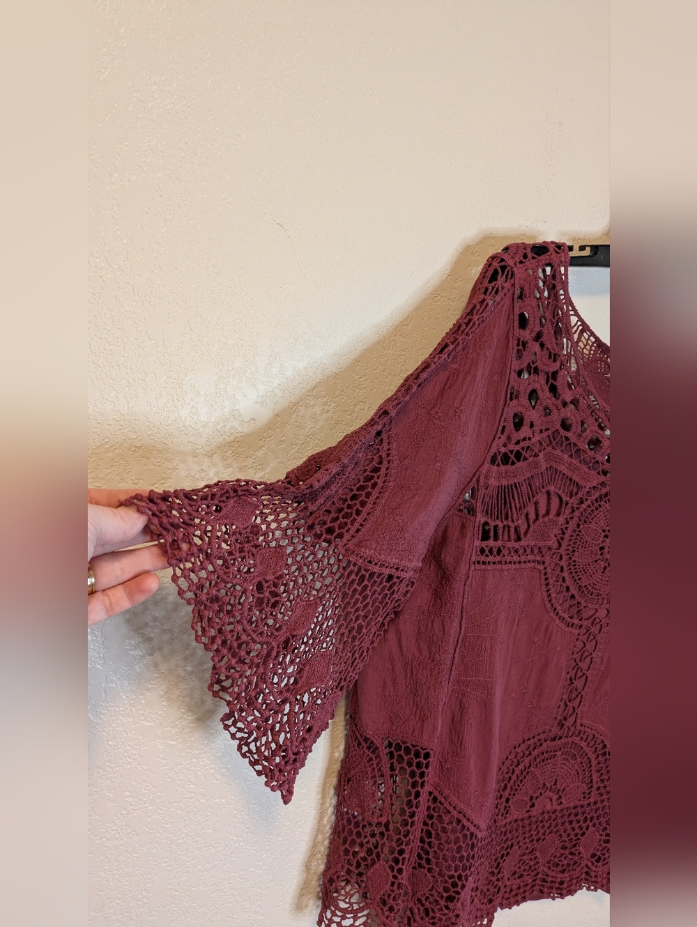 Democracy Crochet Lace Peasant Top - Burgundy - Picture 9 of 11